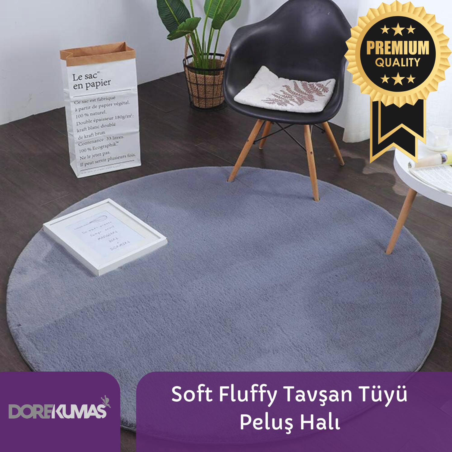 Soft Fluffy Tavşan Tüyü ANTRASİT YUVARLAK Peluş Halı Antibakteriyel Premium Kalite Süet Taban