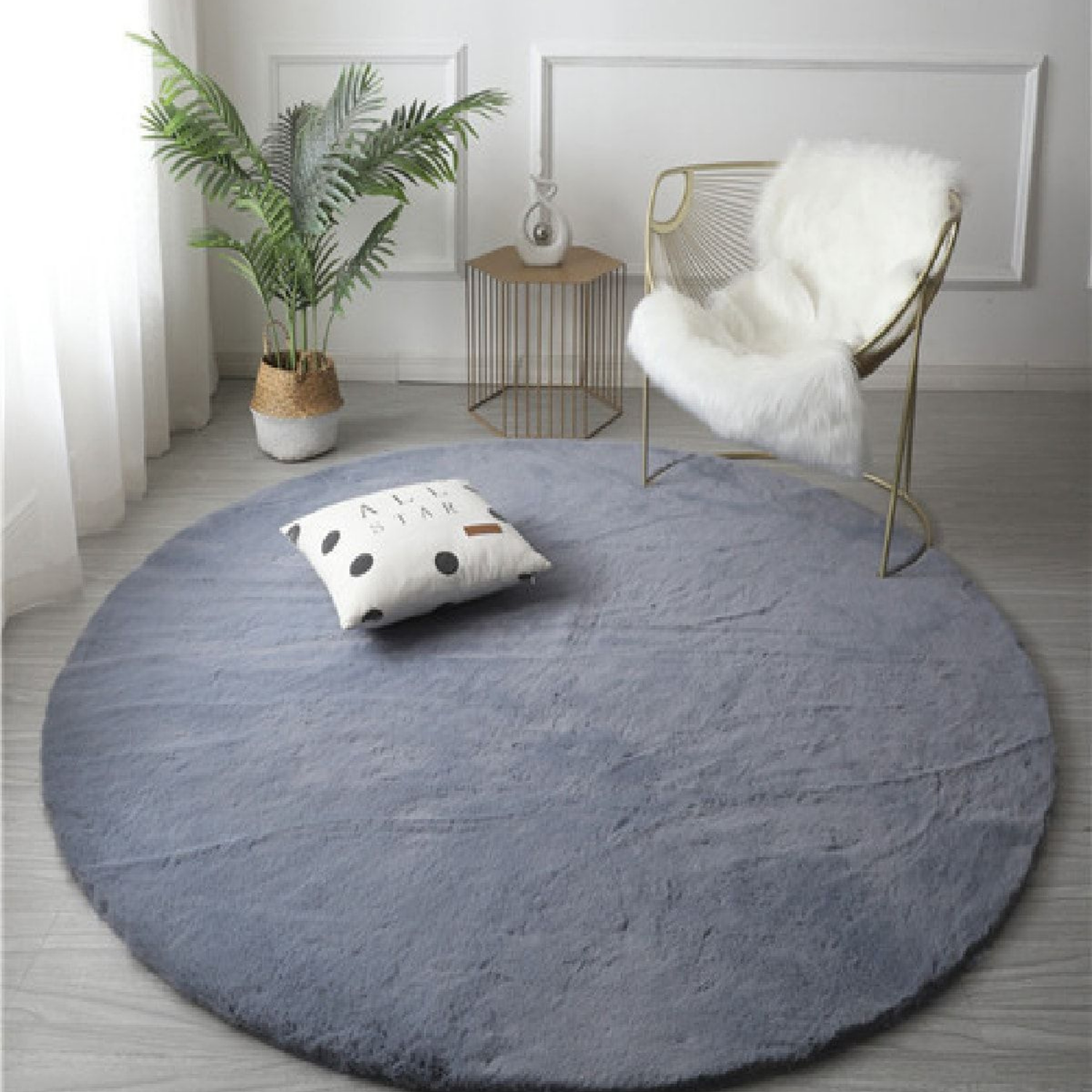 Soft Fluffy Tavşan Tüyü ANTRASİT YUVARLAK Peluş Halı Antibakteriyel Premium Kalite Süet Taban