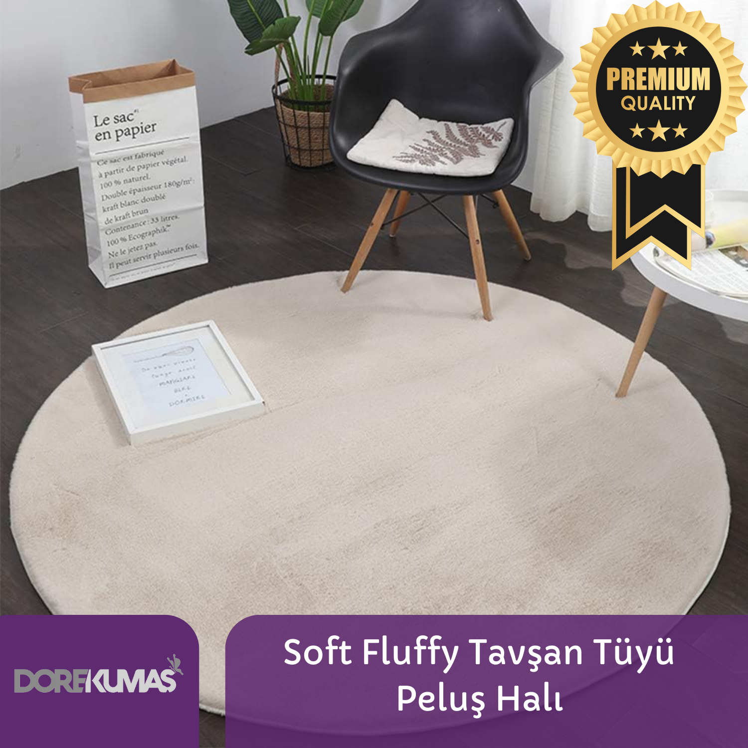Soft Fluffy Tavşan Tüyü BEJ YUVARLAK Peluş Halı Antibakteriyel Premium Kalite Süet Taban