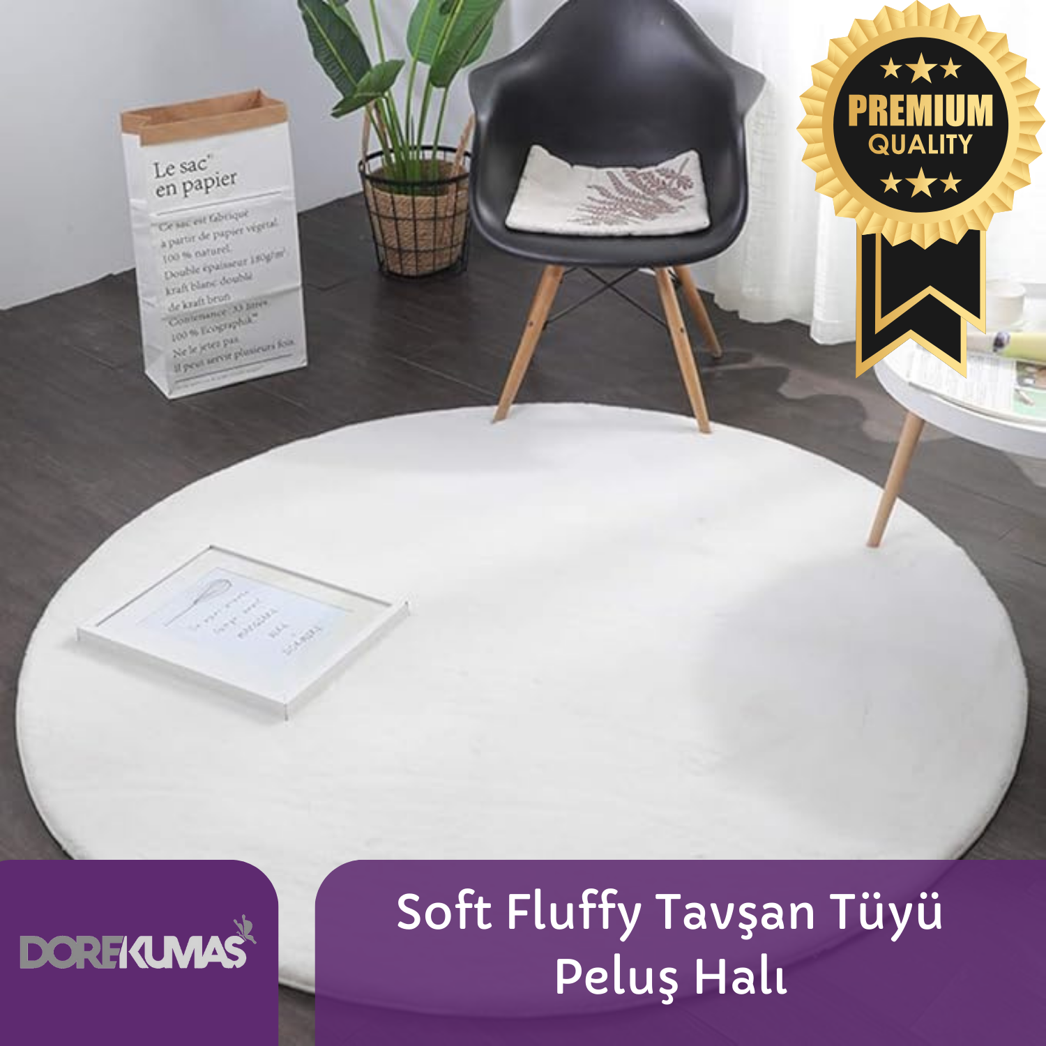 Soft Fluffy Tavşan Tüyü BEYAZ YUVARLAK Peluş Halı Antibakteriyel Premium Kalite Süet Taban