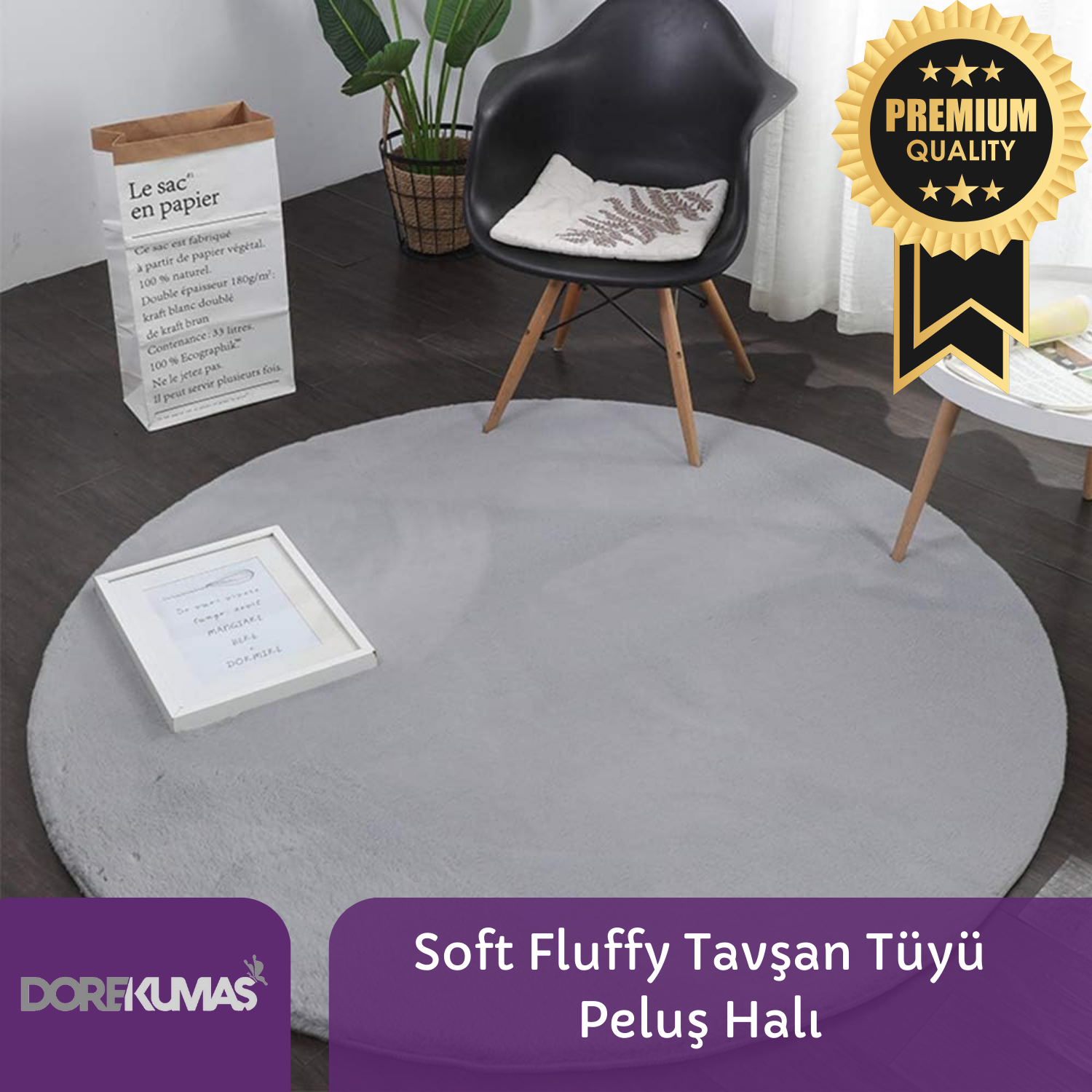 Soft Fluffy Tavşan Tüyü GRİ YUVARLAK Peluş Halı Antibakteriyel Premium Kalite Süet Taban