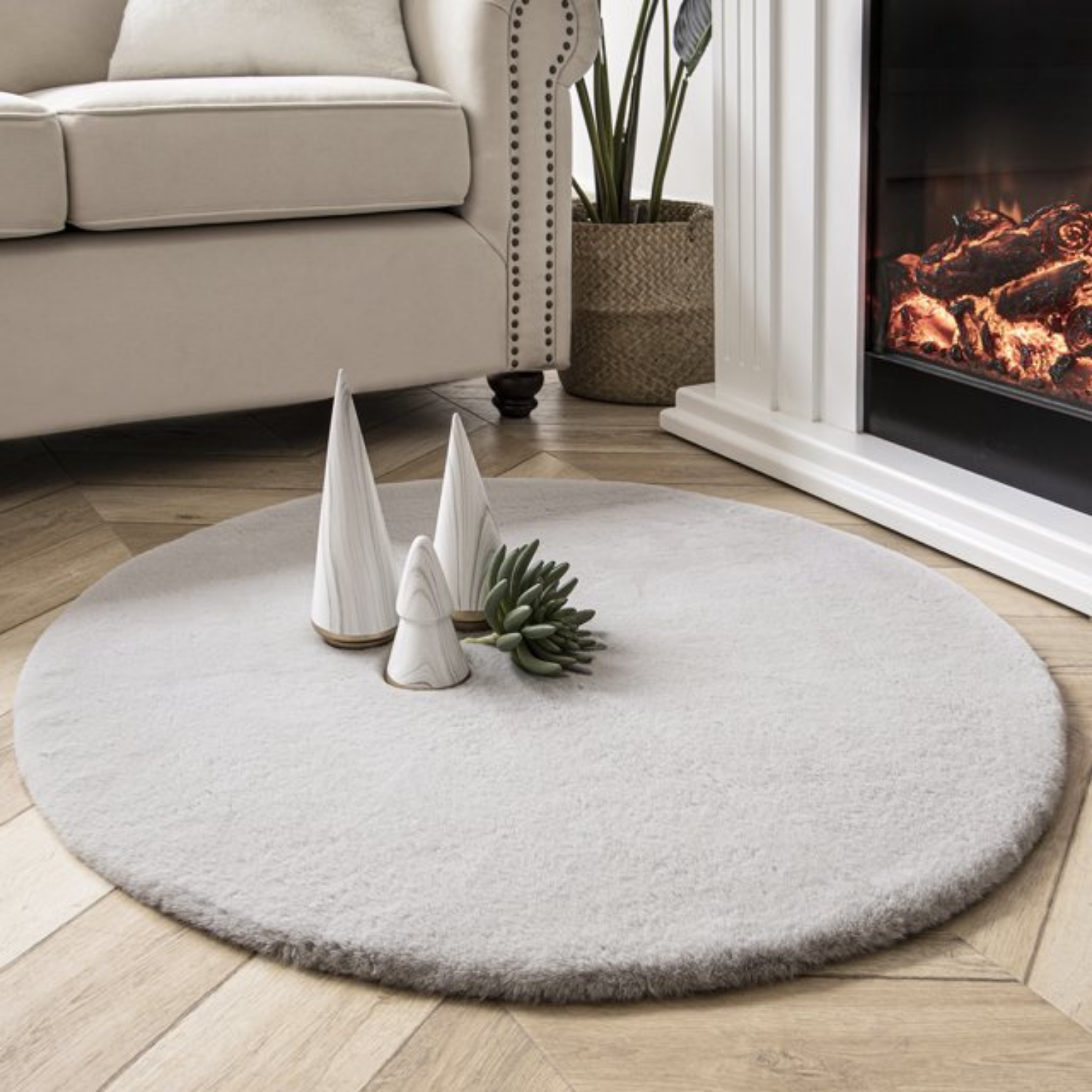 Soft Fluffy Tavşan Tüyü GRİ YUVARLAK Peluş Halı Antibakteriyel Premium Kalite Süet Taban
