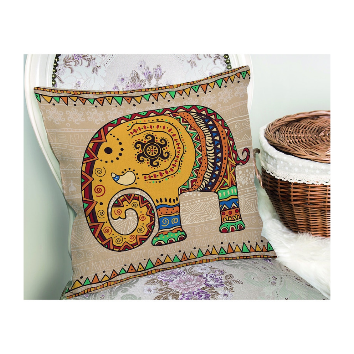 İkili Etnik Bohem Fil Desenli Premium Kalite Çift Taraflı Dekoratif Yastık Kırlent Kılıfı