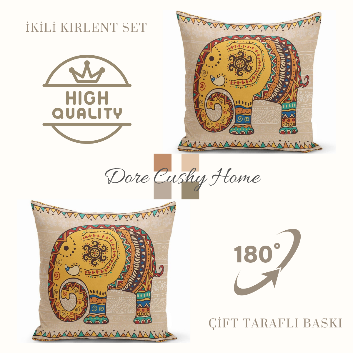 İkili Etnik Bohem Fil Desenli Premium Kalite Çift Taraflı Dekoratif Yastık Kırlent Kılıfı